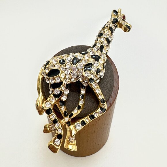 Gold Tone White Crystal & Black Enamel Giraffe Brooch Size 3.5" Length - Picture 2 of 11